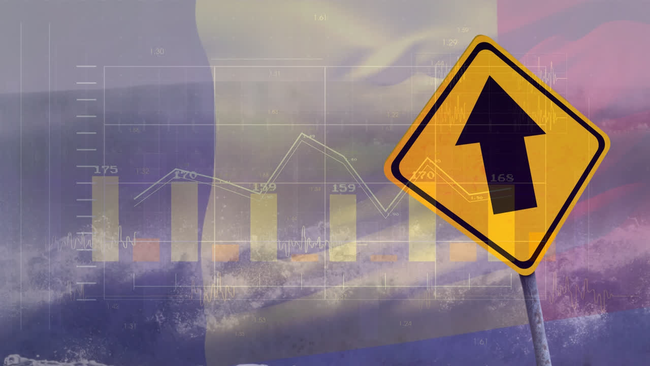 animación del procesamiento de datos financieros sobre la señal de tráfico y la bandera de bélgica