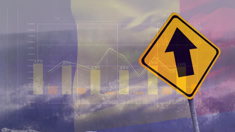 animation of financial data processing over road sign and flag of belgium