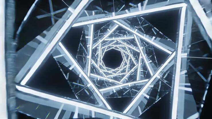 Permainan dimulai: terowongan berfaset berputar spiral di ruang hampa virtual, dengan bilah LED dan cermin yang menambah kedalaman.