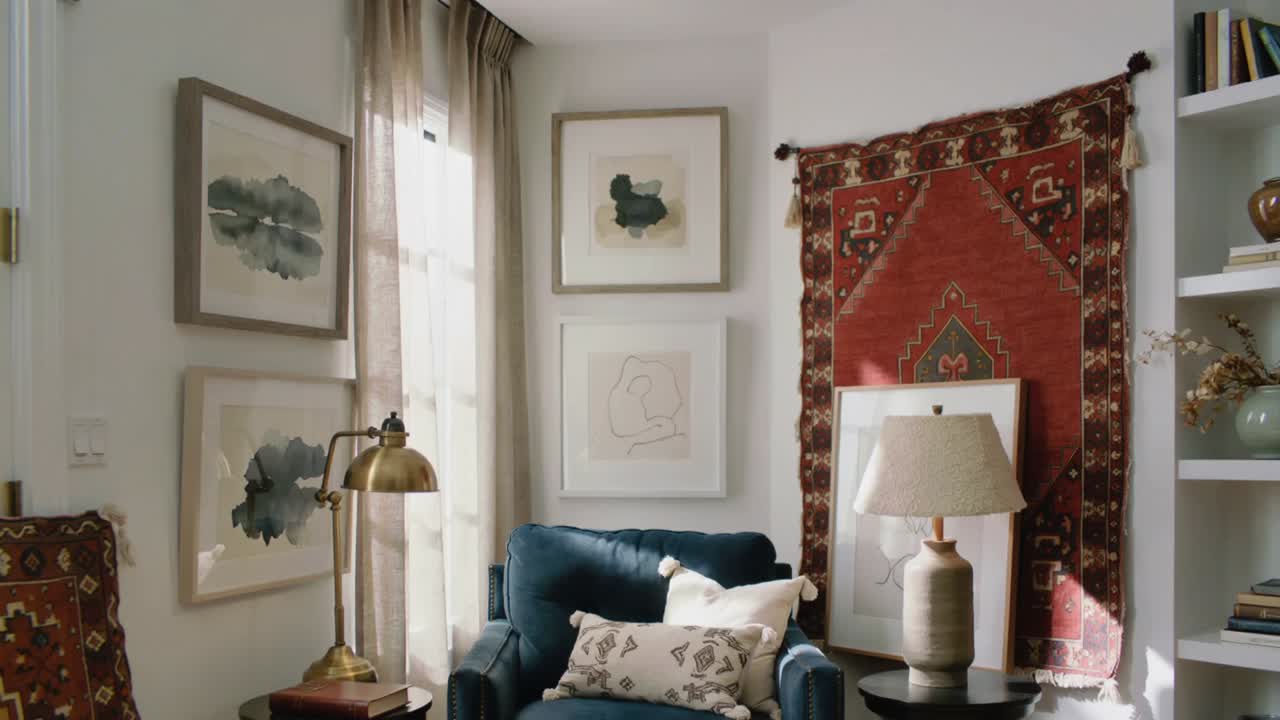 Pulling back camera showing blue upholstered armchair in reading nook, exposing base and woven rug