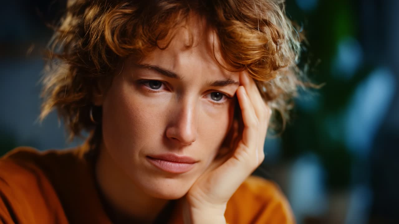 Zamyšlená žena rozjímá v tiché kontemplaci, ztracená ve svých myšlenkách a prožívající emoce smutku a introspekce v příjemném prostředí