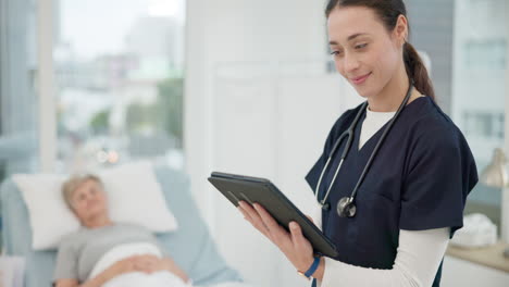 nurse, tablet and checkup for patient in hospital