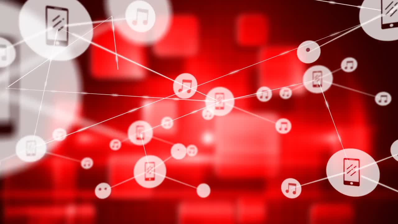 빨간색 배경에 여러 개의 사각형 모양의 디지털 아이콘 네트워크의 애니메이션