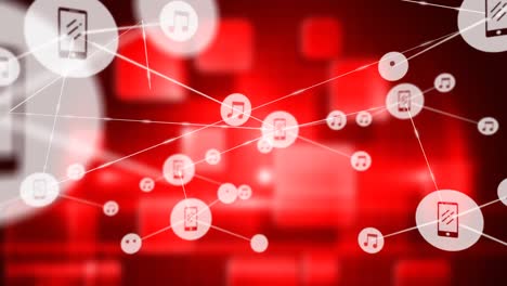 animación de una red de iconos digitales sobre múltiples formas cuadradas contra un fondo rojo