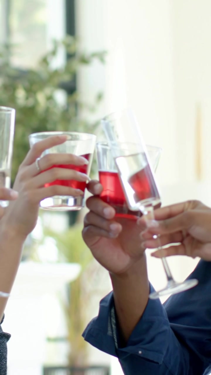 Vertical video: Speaking lady in dress lifting glass at home as group clinking flutes, copy space
