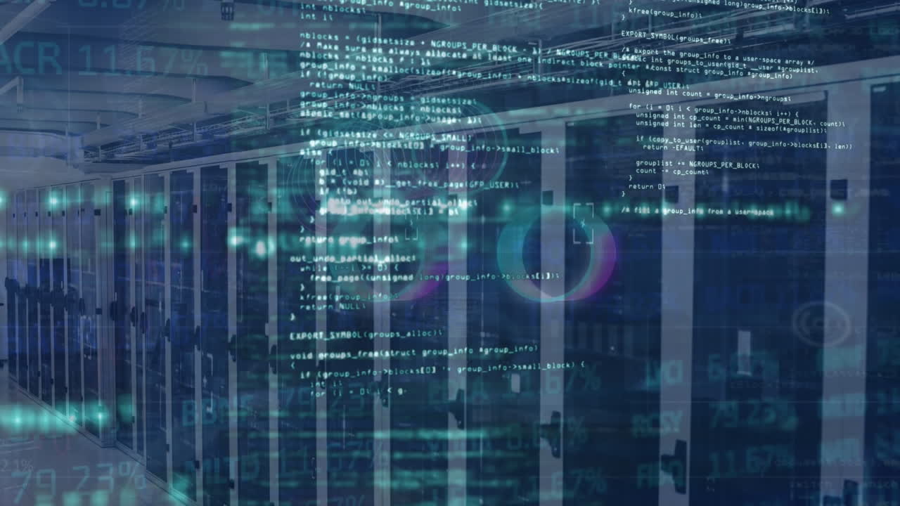 Animation of circles and computer language against server room in background
