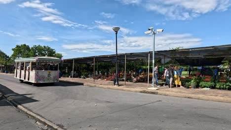 train carrying passengers through a scenic garden.