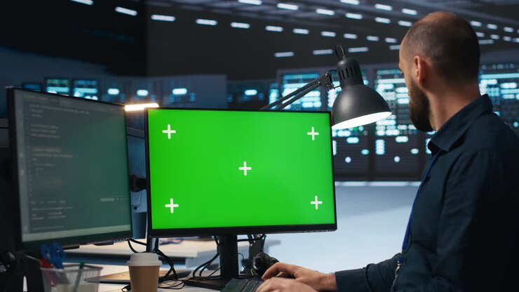 Amministratore di sistema che lavora su computer a schermo verde nel centro dati