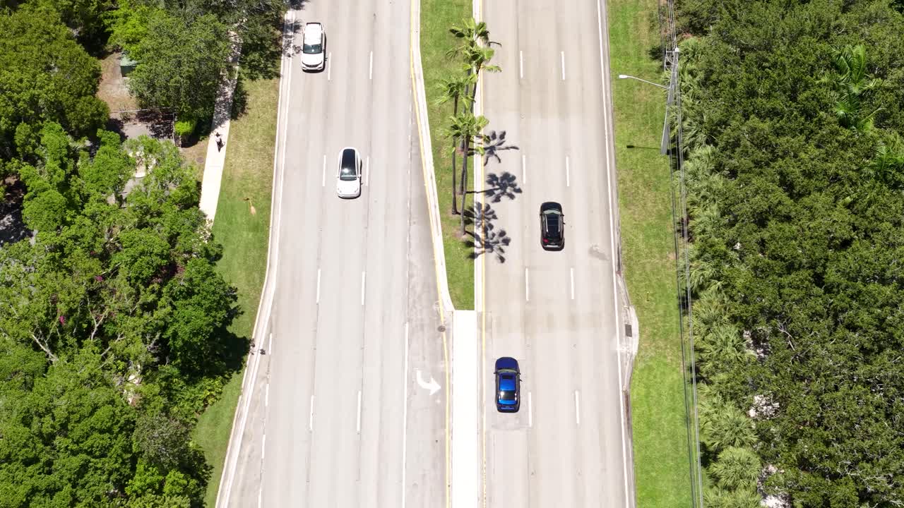 Aerial view of a road with cars and trees