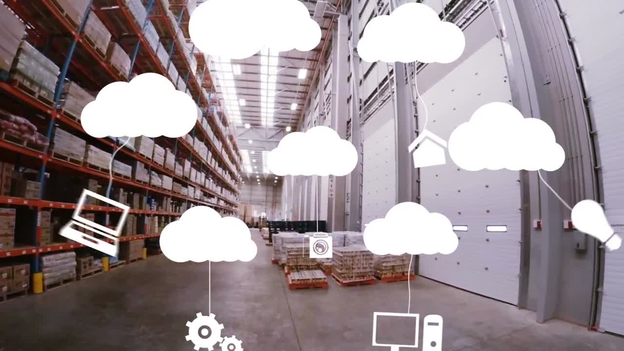 анимация цифровых иконок над пустым складом