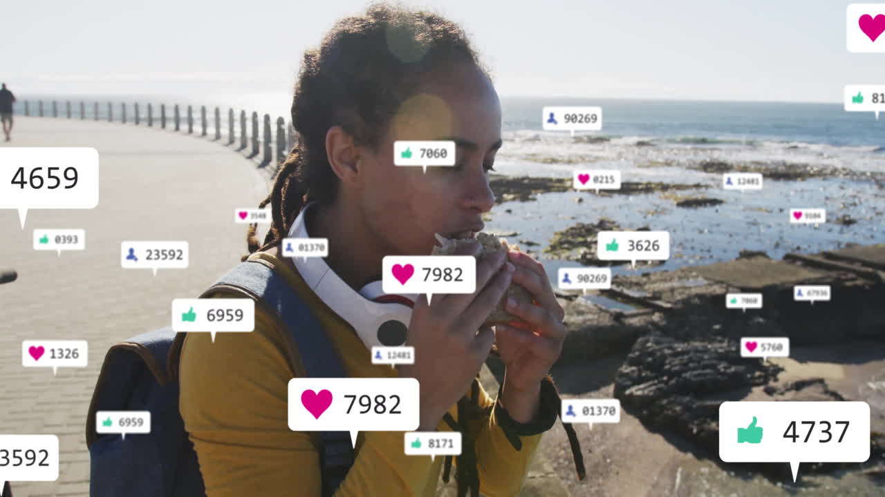 Eating sandwich by ocean, social media likes and comments animation