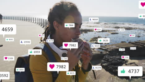 eating sandwich by ocean, social media likes and comments animation