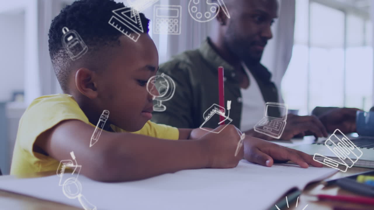 Animation of school items icons over happy african american father helping son in homework