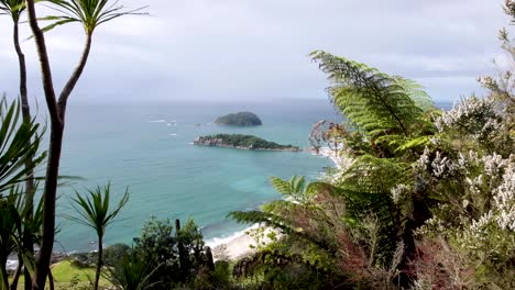 The-view-of-the-peninsula,-beach,-ocean-and-islands-from-Mount-Maunganui-in-Tauranga,-New-Zealand-Aotearoa