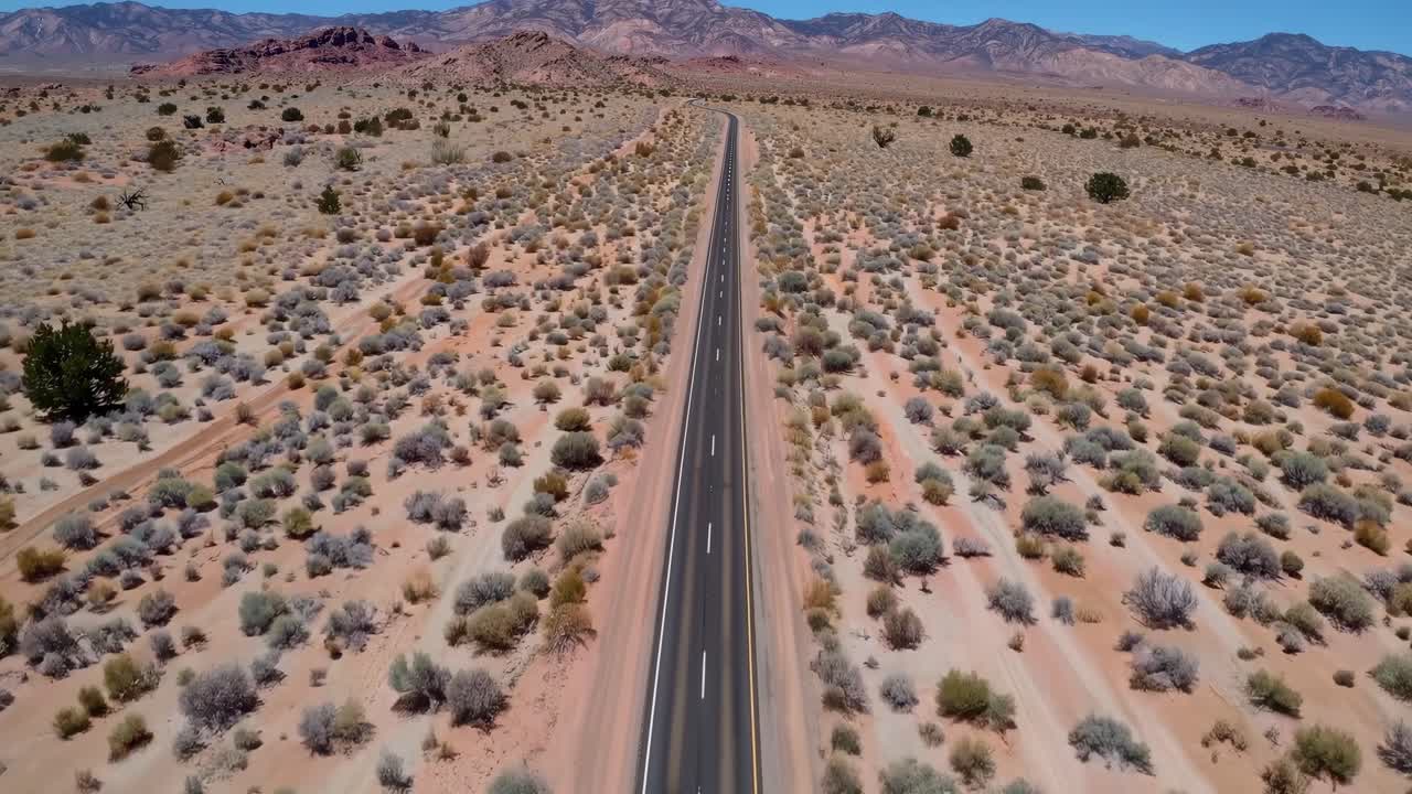 Aerial view of a winding road through a vast desert landscape, showcasing the natural beauty and textures of the terrain, highlighting the journey ahead in a serene environment