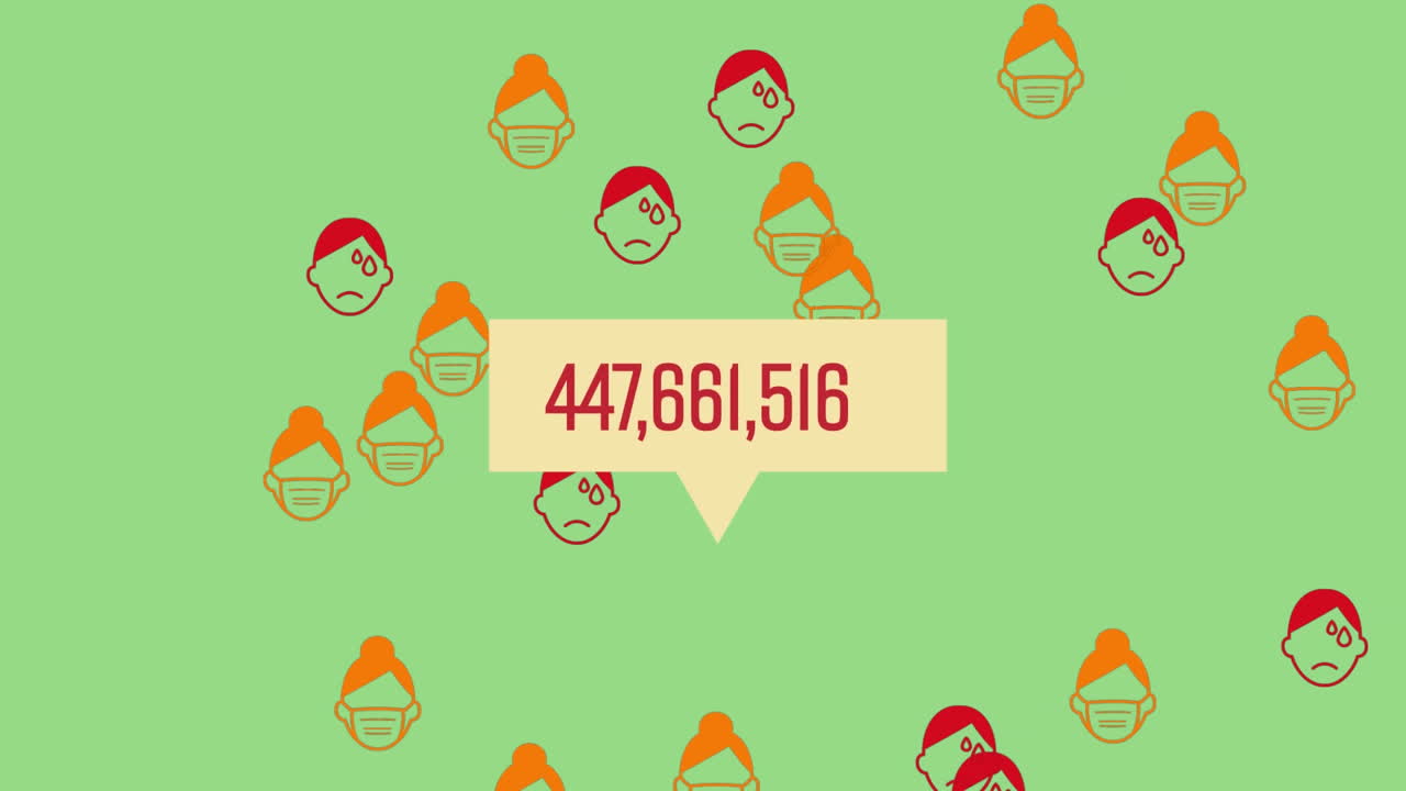 Animation of pictograms of human faces flying with numbers increasing on yellow speach bubbles