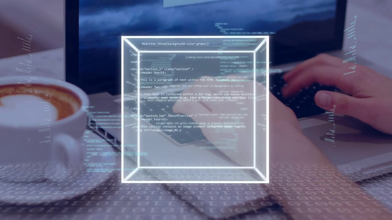 Hands typing initiating wireframe cube forming and rotating over laptop, coffee left, code showing