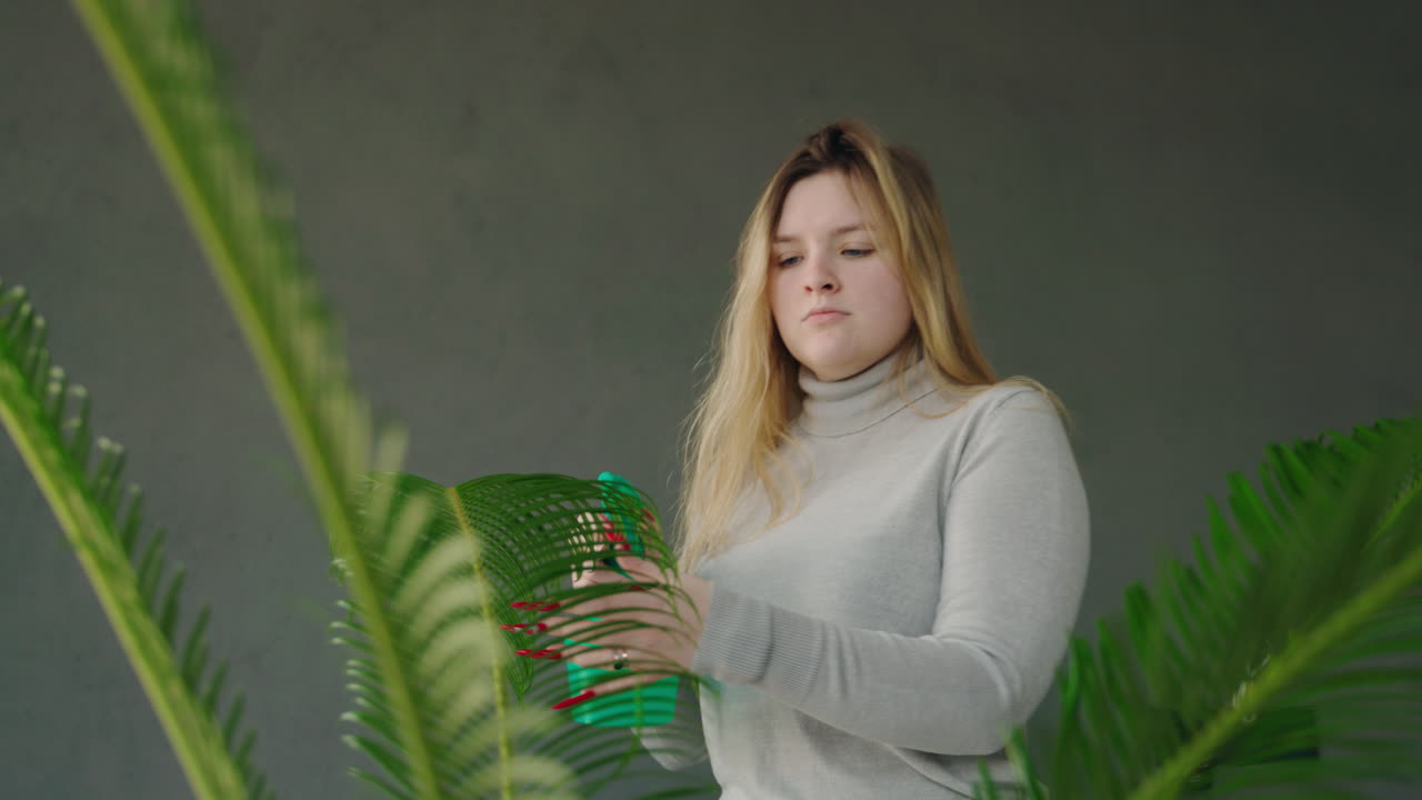 Woman spraying a houseplant