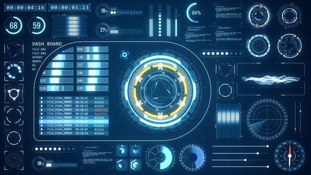 Motion graphic of Head up display ( HUD UI ) technology interface screen with futuristic elements graph and chat panel abstract background