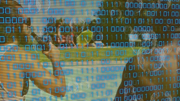 In park, people interacting with binary code animation overlay outdoors