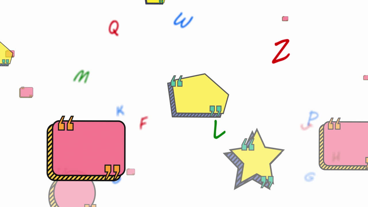 Animazione digitale di lettere colorate e banner di testo vuoti che fluttuano su sfondo bianco