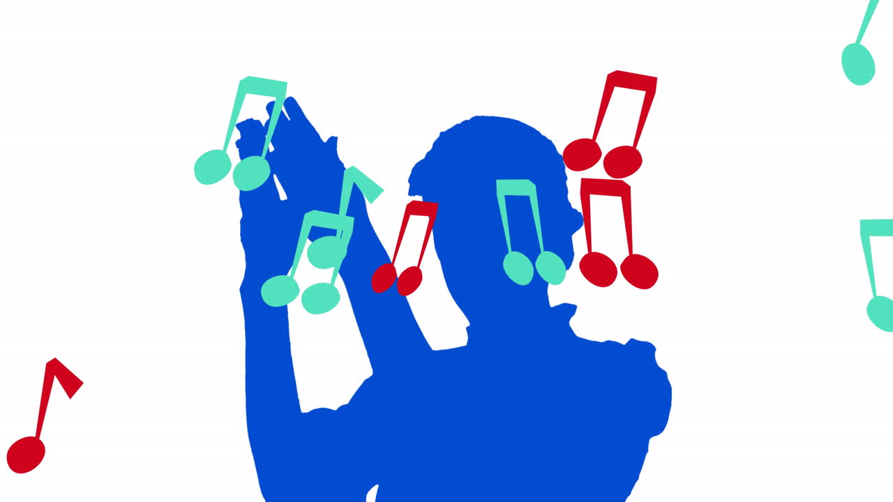 파란색 여성의 실루 춤에 떨어지는 음악 음의 애니메이션