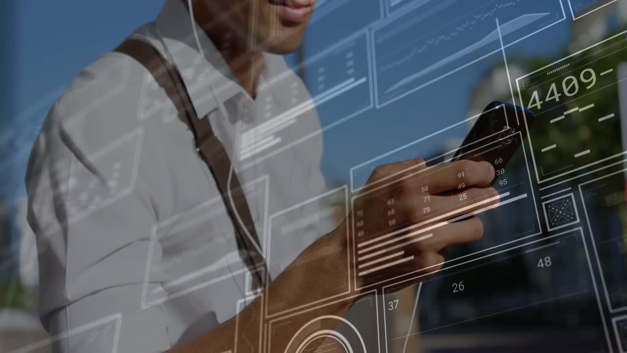 Man glancing down smartphone on city sidewalk, swiping panels showing finance data for work