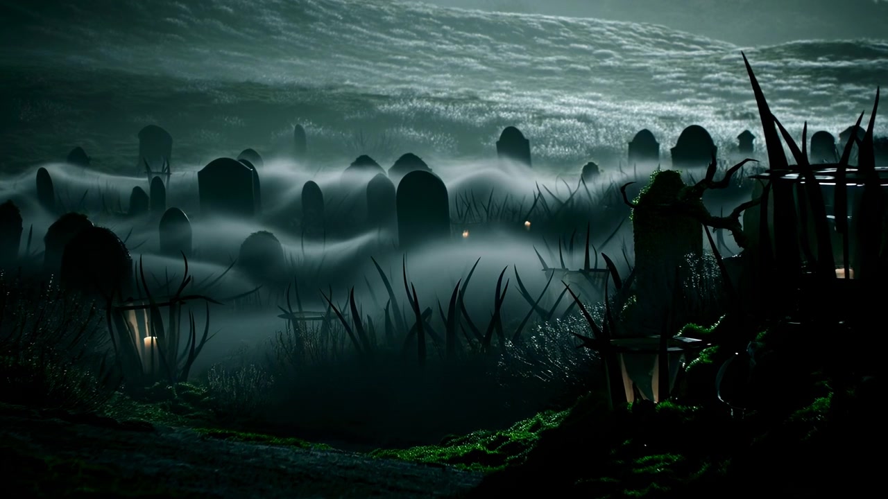 Rows of gravestones stand in a foggy cemetery at night, with dark grass and bare branches framing the scene under a cold moonlit sky