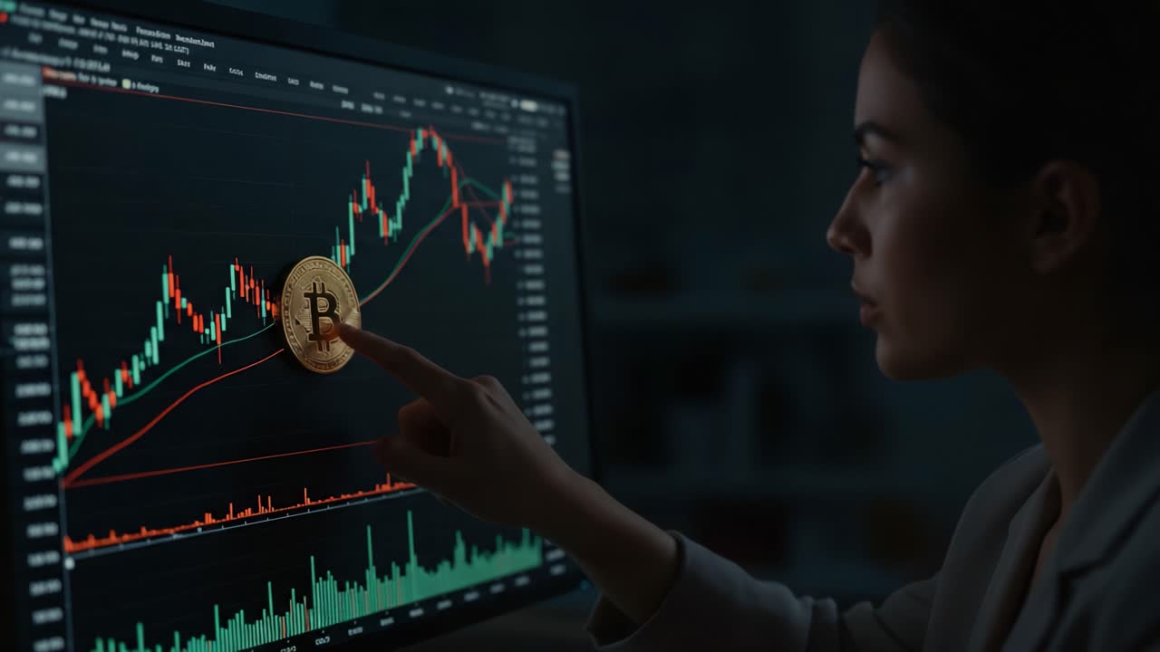 Engaged in Cryptocurrency Trading: A Focused Individual Analyzing Bitcoin Price Movement on a Computer Screen with Charts and Graphs