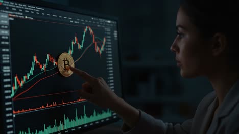 engaged in cryptocurrency trading: a focused individual analyzing bitcoin price movement on a computer screen with charts and graphs