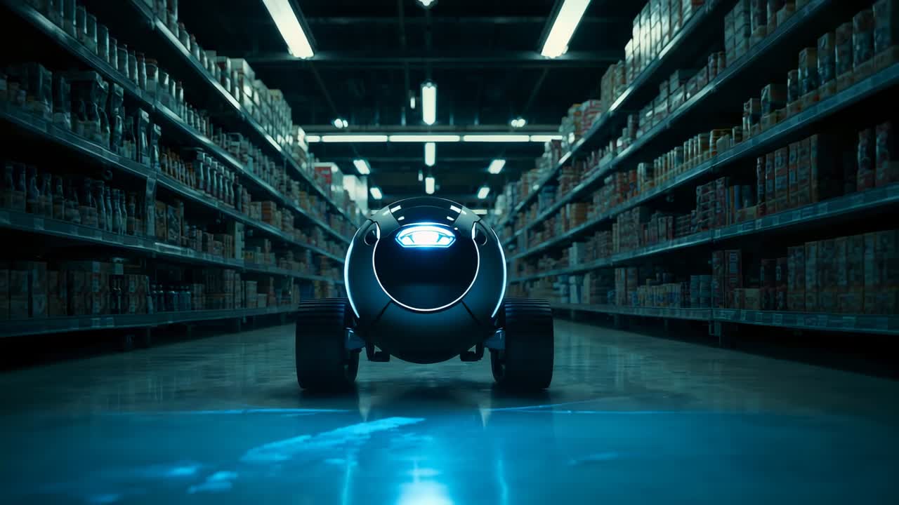 Emitting blue glow robot powering up and rolling down retail aisle, with stocked metal shelves
