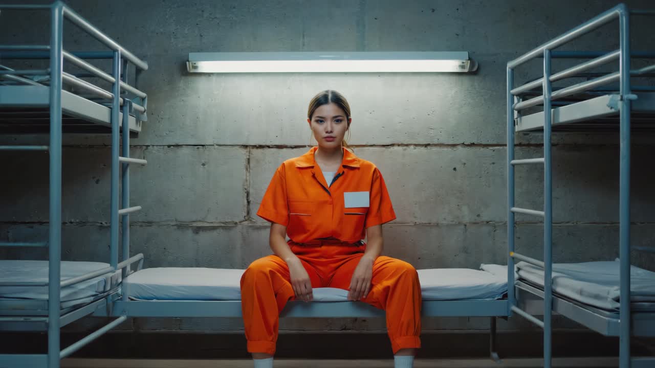 Woman in orange jumpsuit sitting alone on metal bunk within stark concrete prison cell, reflecting inner despair and confinement's psychological burden