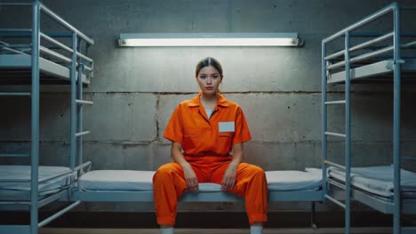 woman in orange jumpsuit sitting alone on metal bunk within stark concrete prison cell, reflecting inner despair and confinement's psychological burden