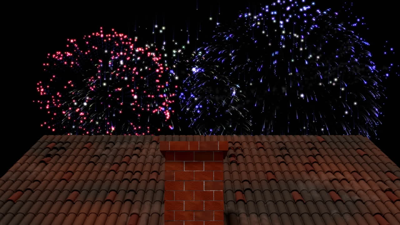 Animation of fireworks exploding over house roof and chimney | Premium ...