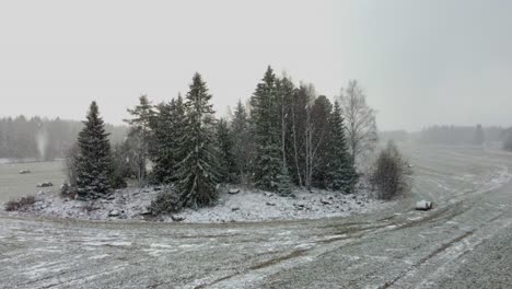 Aerial-drone-footage-of-countryside-in-Sweden-during-a-snow-storm-with-blizzard-conditions