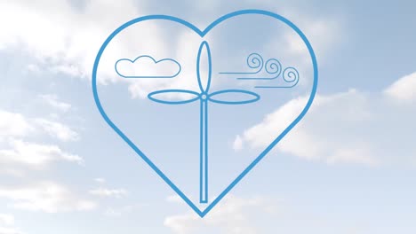 Animation-of-heart-with-wind-turbine-over-clouds