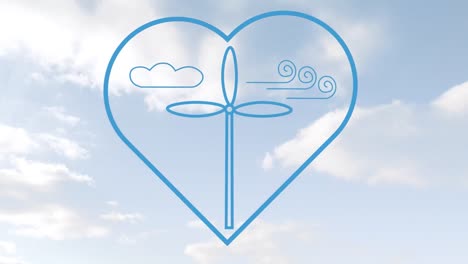 animation of heart with wind turbine over clouds