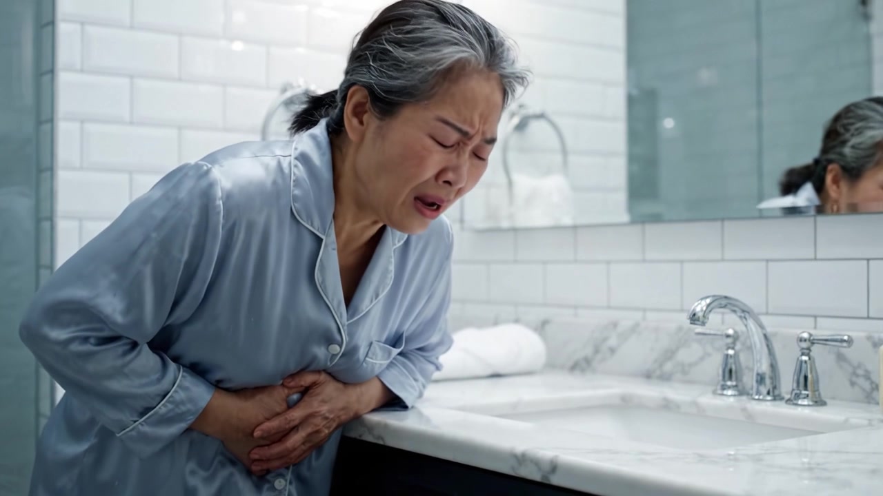 Concerned and Distressed Individual Experiencing Discomfort in a Bathroom Environment, Reflecting on Physical Pain and Emotional Strain in a Domestic Setting