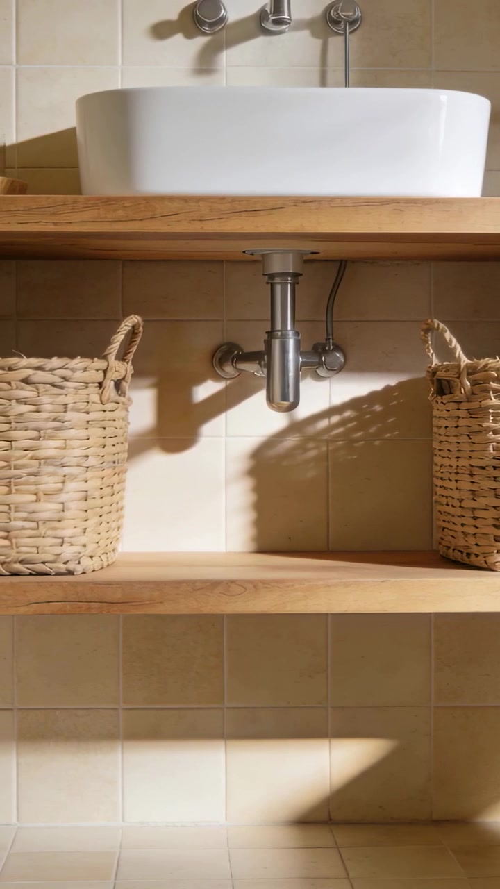 Vertical video: White sink and P-trap getting shifting window light in bathroom, showing baskets