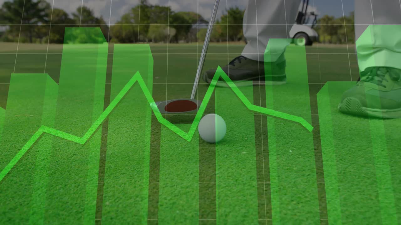 골프 공을 구에 클럽으로 때리는 백인 남자의 낮은 섹션에 대한 여러 그래프의 애니메이션