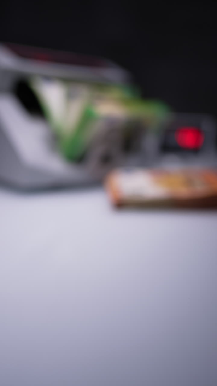 Electronic cash counting machine calculates money. Male hand takes counted banknotes from device and puts on the desk at the foreground. Close up. Blurred backdrop. Vertical video.