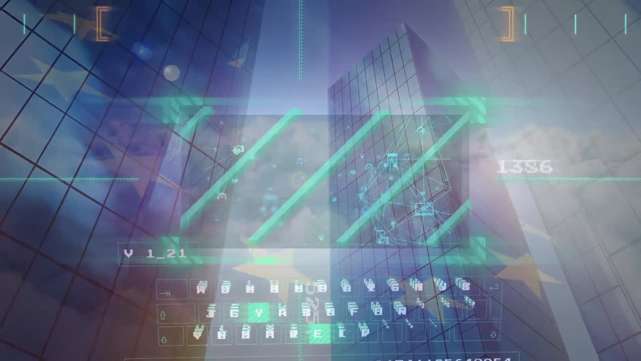 animación de la bandera de europa y datos en pantallas digitales que se mueven sobre edificios de oficinas