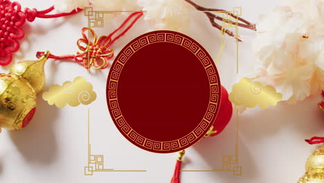 animación de patrón chino y decoración de nubes sobre fondo rojo