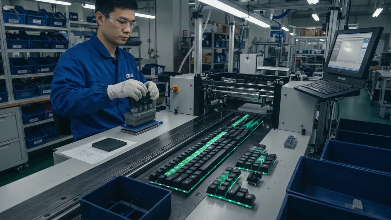 A technician meticulously assembles electronic components in a modern factory environment, showcasing precision and advanced technology in action