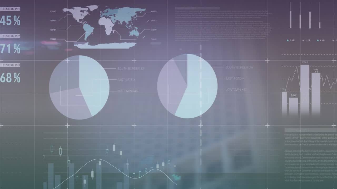 Animation of financial data processing over city