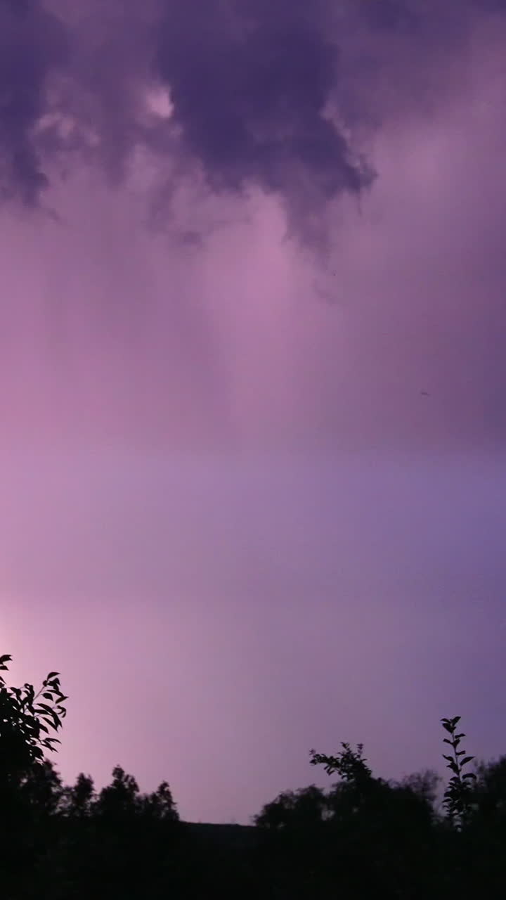 Thunderstorm raging in the rural countryside. Dark blue skies turning into purple from lightning. Night in the village. Vertical video
