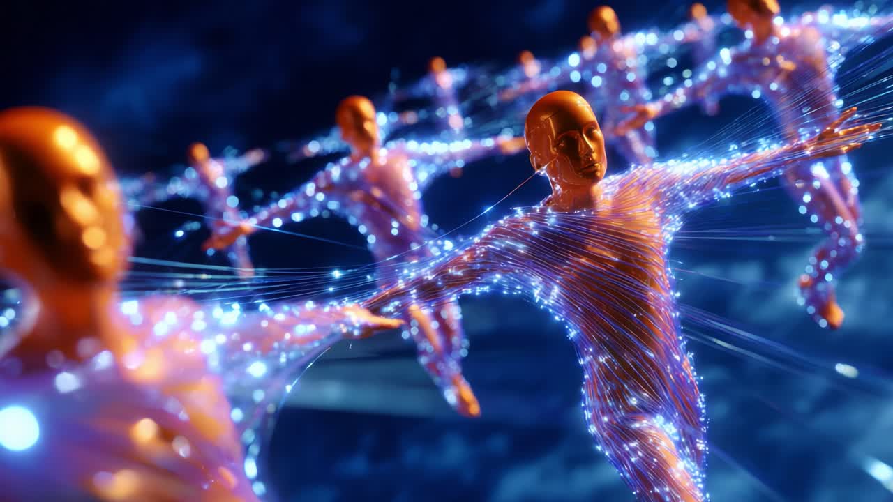 A mesmerizing creation of digital beings illuminated by sparkling lines of light, each figure suspended in dynamic motion, showcasing a futuristic interpretation of movement and artistry in a digital landscape