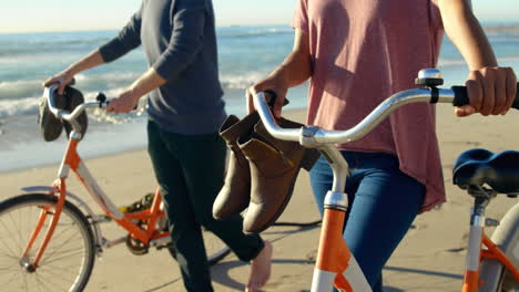 animación de hacerlo por ellos sobre la mitad de una pareja caucásica con bicicletas en la playa