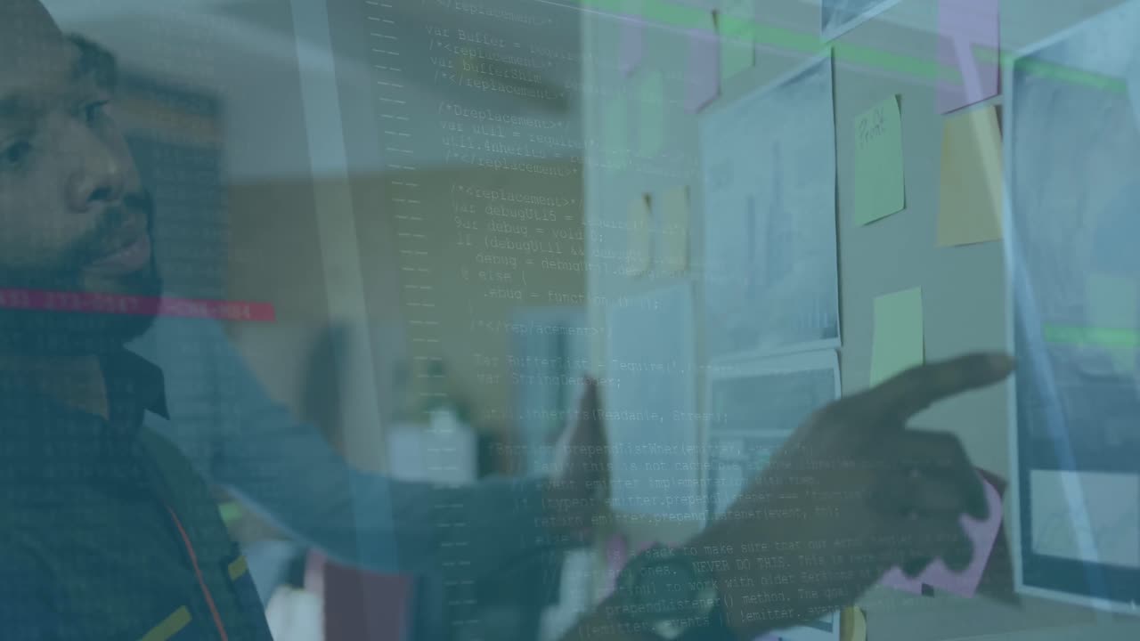 Animation of data processing over diverse business people taking notes