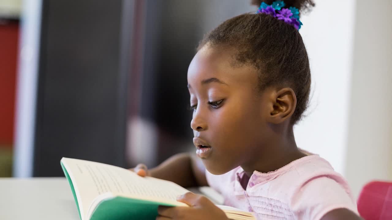 Animation of schoolgirl concentrating, reading book in classroom
